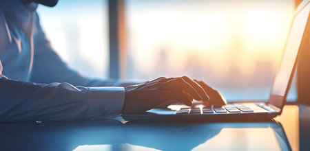 Businessman working on laptop computer in office at sunset. Close upの写真素材