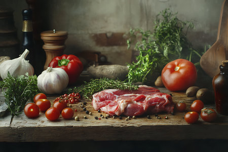 Raw meat with vegetables on a wooden board. Selective focus.の写真素材