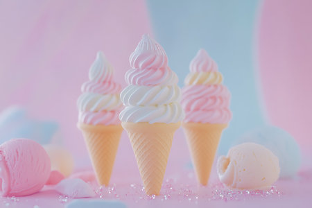 Ice cream cone with pink and white marshmallow on pastel backgroundの写真素材