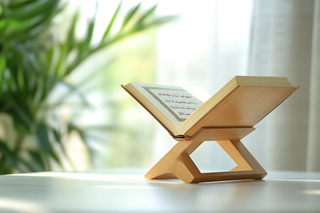 Wooden folding chair with holy quran on table in room, closeupの写真素材