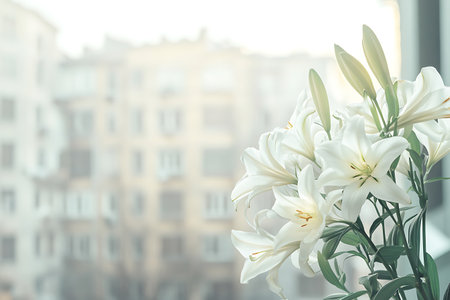 White lily flowers on the windowsill in the background of the cityの写真素材