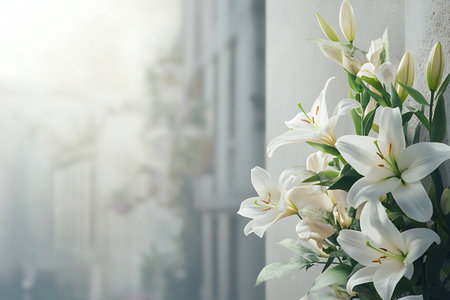 White lilies in a vase on the windowsill, close upの写真素材