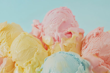 Close up of colorful ice cream scoops on blue background, selective focusの写真素材