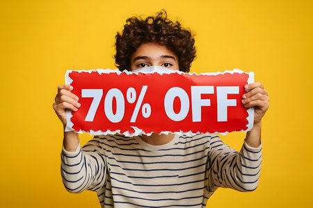 Portrait of a young african american woman holding a red torn paper with 70 percent off over yellow backgroundの写真素材