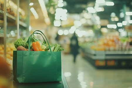 Shopping bag with fresh vegetables in supermarket. Selective focus.の写真素材