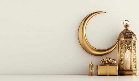 3d render of Ramadan Kareem background with crescent moon and gift boxの写真素材