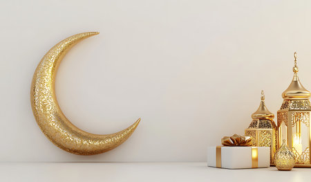 Ramadan Kareem background with golden crescent moon and gift box. 3d renderingの写真素材