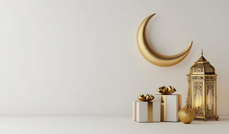 3d rendering of Ramadan Kareem background with golden lantern, gift box and crescent moonの写真素材