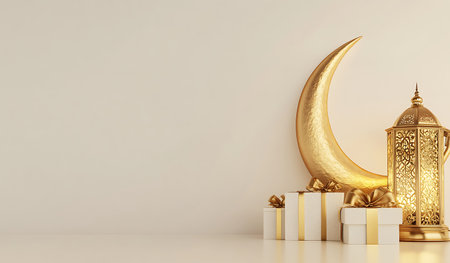 3d rendering of Ramadan Kareem background with golden crescent moon and gift boxesの写真素材