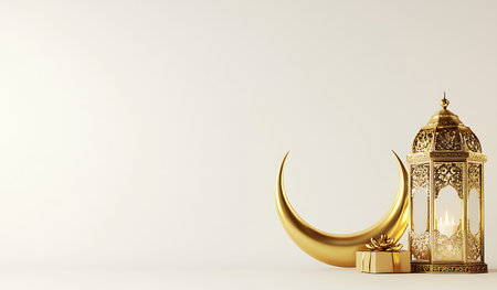 3d rendering of Ramadan Kareem lantern and crescent moon on white backgroundの写真素材
