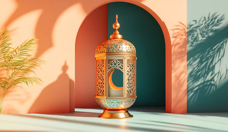 3d rendering of Ramadan Kareem lantern with shadow on the wallの写真素材