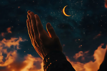 Close up of male hands praying with moon and stars in the backgroundの写真素材