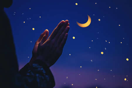 Hand of Muslim woman praying to God with the moon in the backgroundの写真素材
