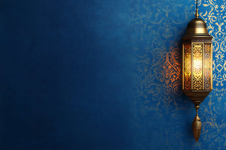 Lantern hanging on a blue wall.の写真素材