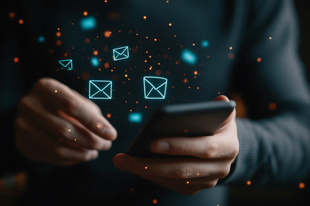Close up image of a man holding smartphone and sending email. E-mail conceptの写真素材