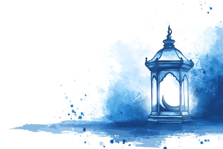 Ramadan Kareem greeting card. Arabic lantern on watercolor backgroundの写真素材