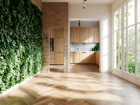 Interior of modern kitchen with white walls, wooden floor, white cupboards and green plants.の写真素材
