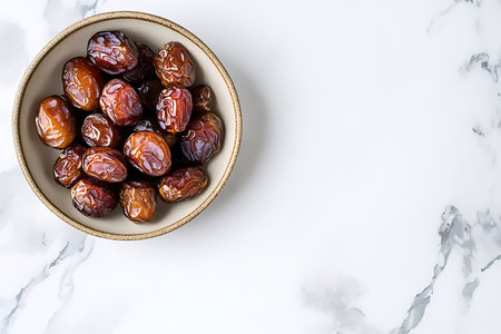 Dates fruit in bowl on white marble background, top view.の写真素材