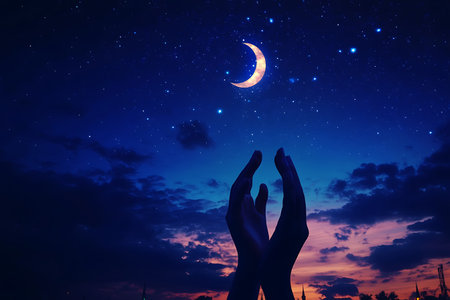 Woman hands praying to god with the moon in the night sky.の写真素材