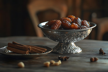 Dates in metal bowl and cinnamon sticks on wooden table, closeupの写真素材