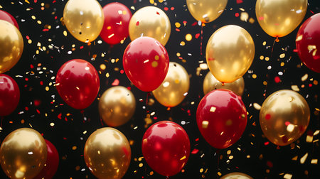 Red and golden balloons with confetti on black background. 3D Renderingの写真素材