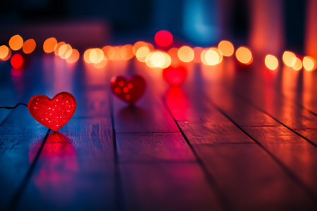 Valentines day background. Red hearts on a wooden table.の写真素材