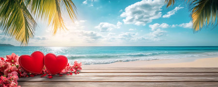 Valentine's day background with heart on wooden table and tropical beachの写真素材