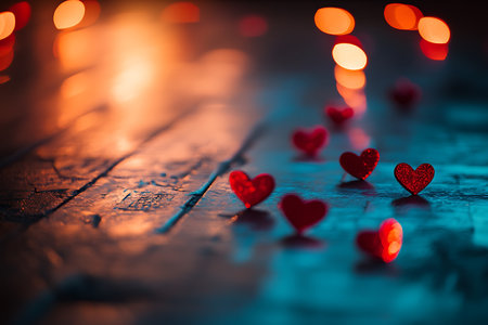 Valentine's day background with red hearts and bokeh lightsの写真素材