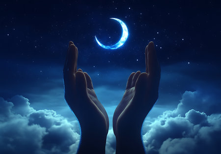Hands holding crescent moon in the night sky, 3D renderingの写真素材