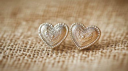 Two heart shaped silver earrings on burlap background, shallow depth of fieldの写真素材