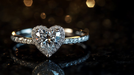 Wedding ring with diamond on a black background with bokehの写真素材