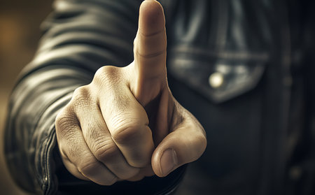 Close up of a man's hand with index finger pointing at somethingの写真素材