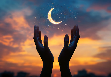 Silhouette of hands holding moon and stars with sunset sky backgroundの写真素材
