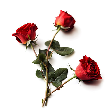 Three red roses isolated on white background. Flat lay, top view.の写真素材