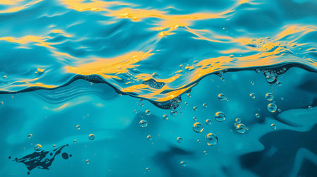 Blue water surface with orange and yellow splashes and bubbles. Abstract backgroundの写真素材
