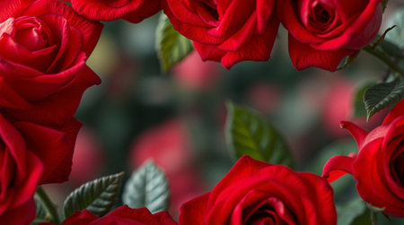 Beautiful red roses in the garden. Floral background. Soft focus.の写真素材