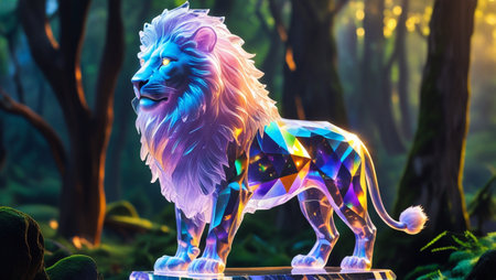 Lion statue in the forest at night. 3D rendering.の素材