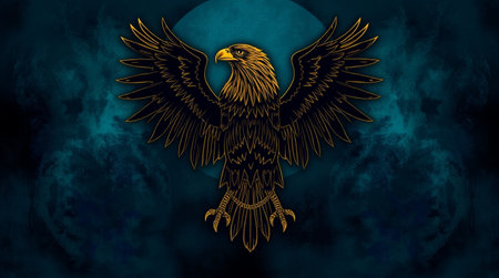 Illustration of an eagle on a blue background with a full moonの写真素材