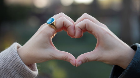 Female hands in the shape of a heart on a blurred background.の写真素材