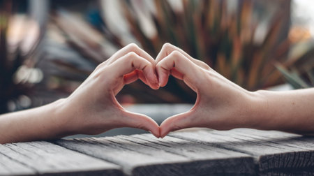 Female hands making a heart shape with their fingers on a wooden tableの写真素材