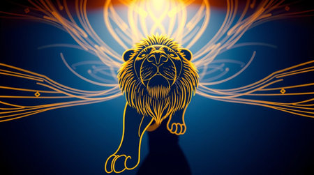 Illustration of a lion head on a blue background with golden linesの写真素材