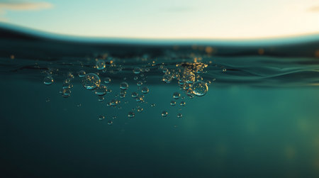 Bubbles in the water at sunset. 3d illustration.の写真素材