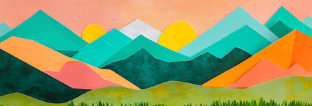 Colorful paper art landscape background. Landscape with mountains and grass.の写真素材