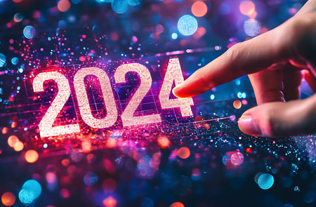 Hand touching the new year on a touch screen interface with bokeh backgroundの写真素材