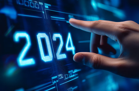 Businessman hand touching virtual screen with binary code. New year business conceptの写真素材