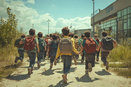 group of schoolchildren with backpacks running on the road to schoolの写真素材