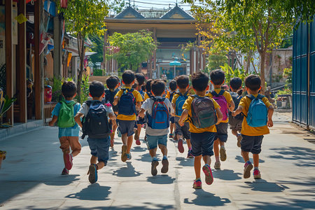Unidentified Thai students go to school in Kanchanaburi, Thailand.の写真素材