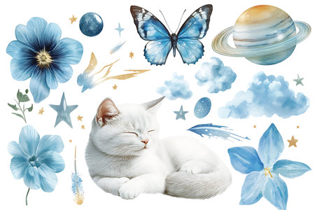 Watercolor illustration of a white cat sleeping on a background of blue flowers and stars.の写真素材