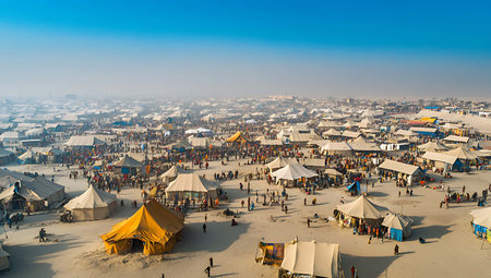 Aerial view of tents in a desert.の写真素材