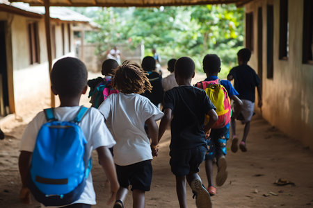 Unidentified local school children walk with their backpacksの写真素材